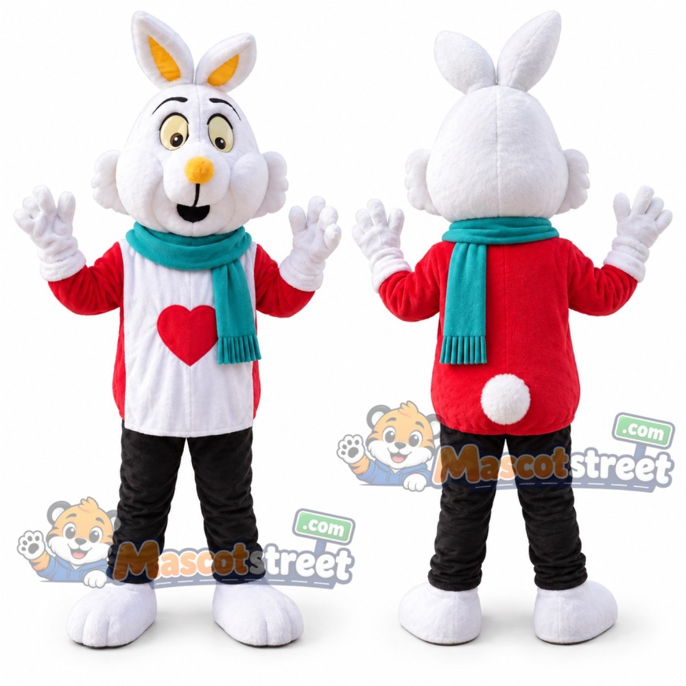 White Christmas Rabbit Mascot Costume with Red Jacket, Black Pants and Teal Scarf