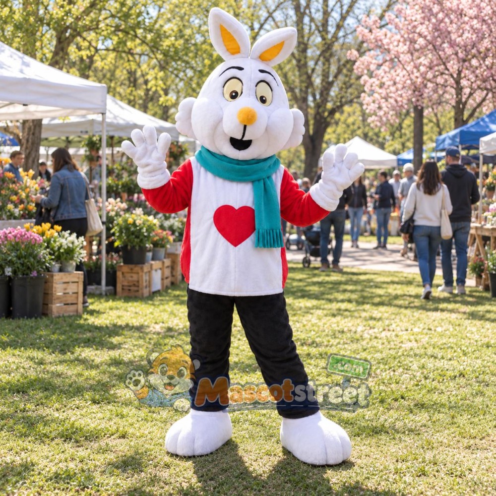 White Christmas Rabbit Mascot Costume with Red Jacket, Black Pants and Teal Scarf White Christmas Rabbit Mascot Costume with Red Jacket, Black Pants and Teal Scarf