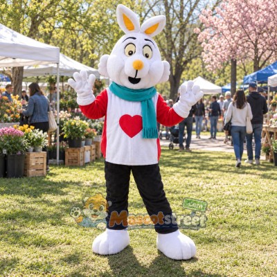 White Christmas Rabbit Mascot Costume with Red Jacket, Black Pants and Teal Scarf White Christmas Rabbit Mascot Costume with Red Jacket, Black Pants and Teal Scarf