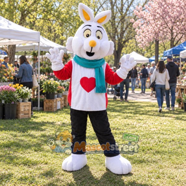 White Christmas Rabbit Mascot Costume with Red Jacket, Black Pants and Teal Scarf