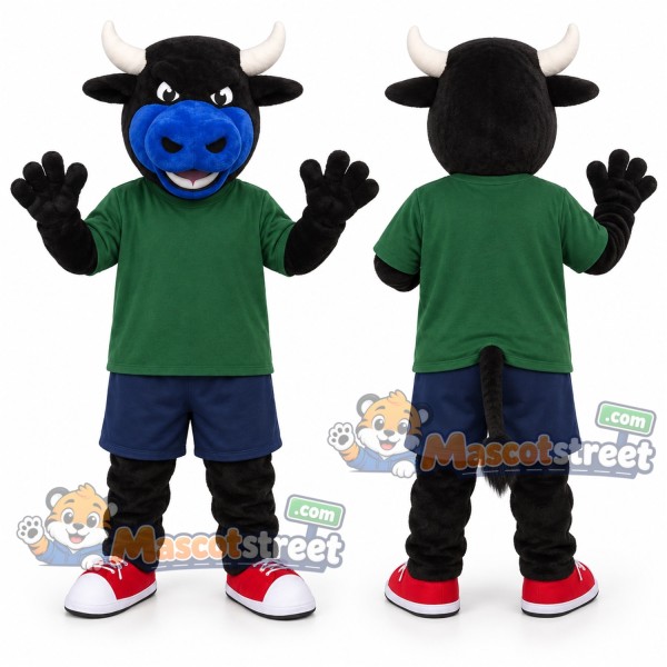Black and Blue Bull Mascot Costume with Green Shirt and Navy Shorts