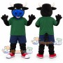 Black and Blue Bull Mascot Costume with Green Shirt and Navy Shorts