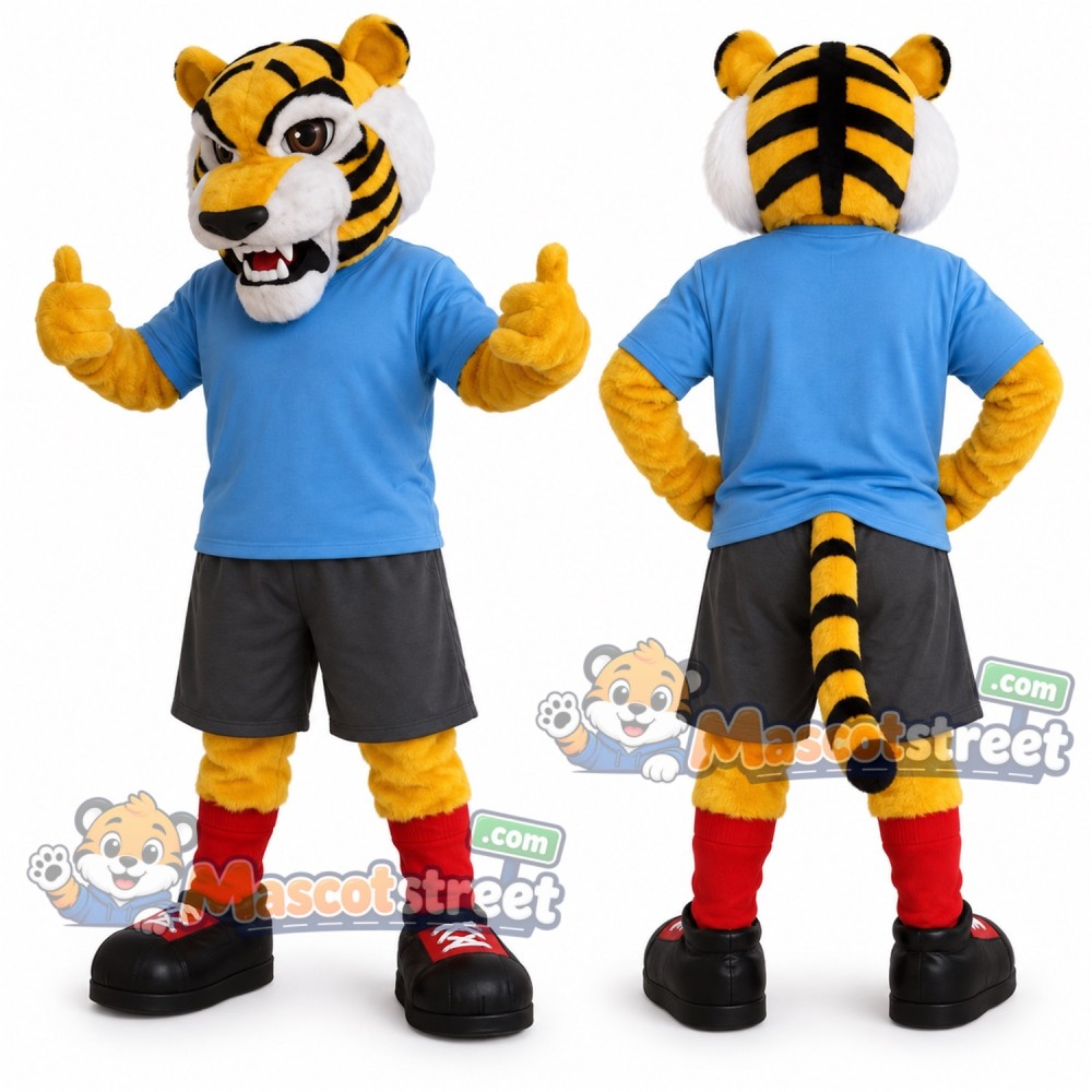 Orange Tiger Mascot Costume with Blue Shirt and Gray Shorts Orange Tiger Mascot Costume with Blue Shirt and Gray Shorts