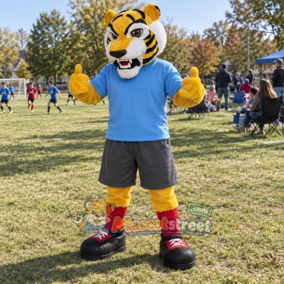 Orange Tiger Mascot Costume with Blue Shirt and Gray Shorts Orange Tiger Mascot Costume with Blue Shirt and Gray Shorts
