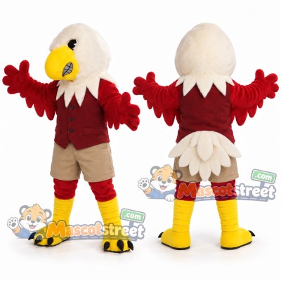 Bald Eagle Mascot Costume with Burgundy Vest and Beige Shorts