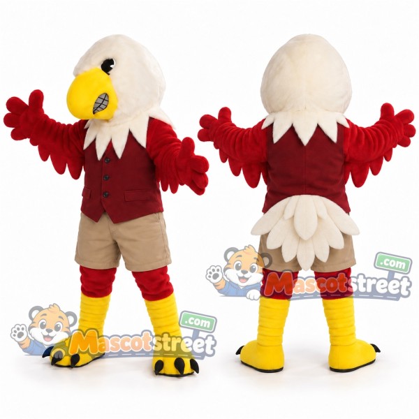 Bald Eagle Mascot Costume with Burgundy Vest and Beige Shorts