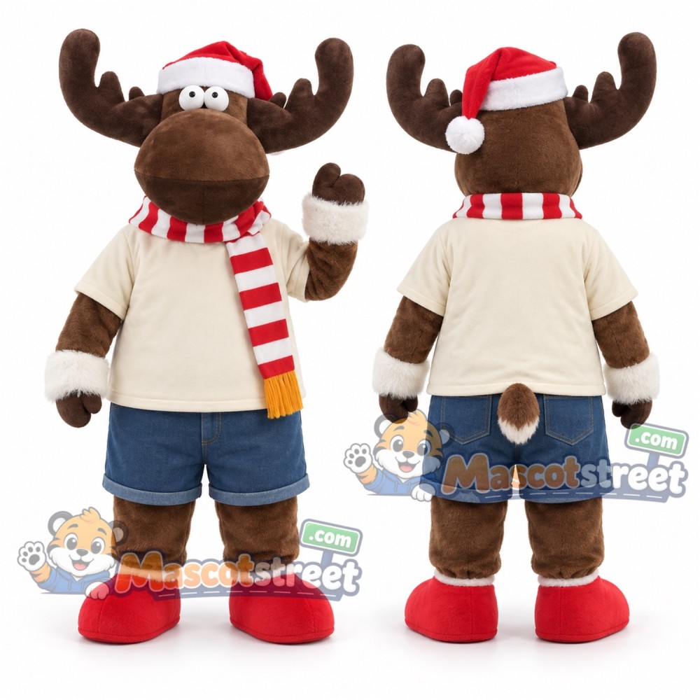 Brown Christmas Reindeer Mascot Costume with Cream Shirt, Blue Shorts, Striped Scarf and Santa Hat