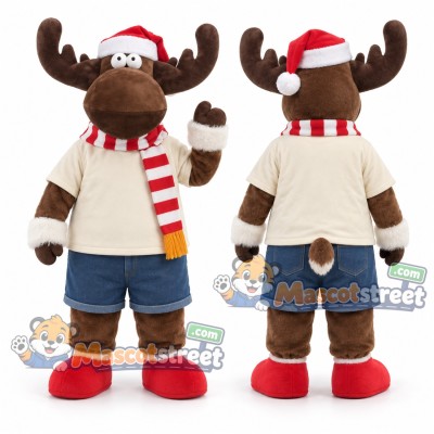 Brown Christmas Reindeer Mascot Costume with Cream Shirt, Blue Shorts, Striped Scarf and Santa Hat