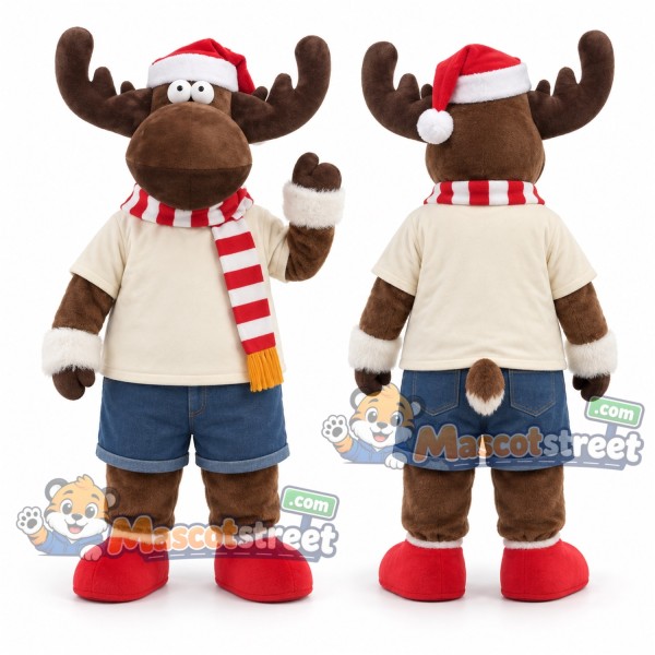 Brown Christmas Reindeer Mascot Costume with Cream Shirt, Blue Shorts, Striped Scarf and Santa Hat