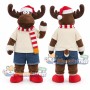 Brown Christmas Reindeer Mascot Costume with Cream Shirt, Blue Shorts, Striped Scarf and Santa Hat