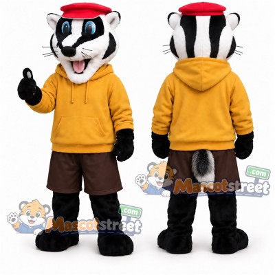 Black and White Badger Mascot Costume with Yellow Hoodie, Brown Shorts and Red Cap