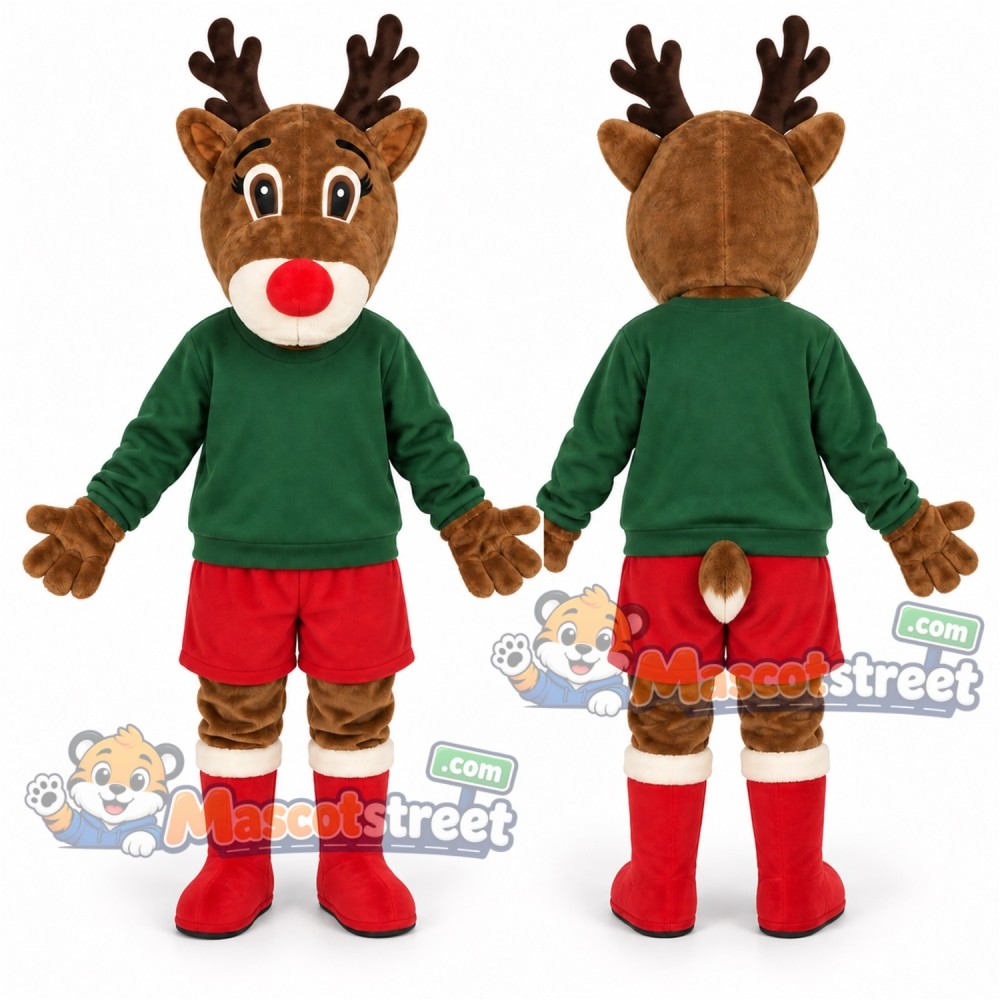 Brown Reindeer Mascot Costume with Green Shirt and Red Shorts