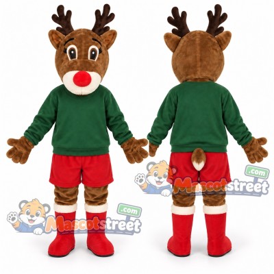Brown Reindeer Mascot Costume with Green Shirt and Red Shorts