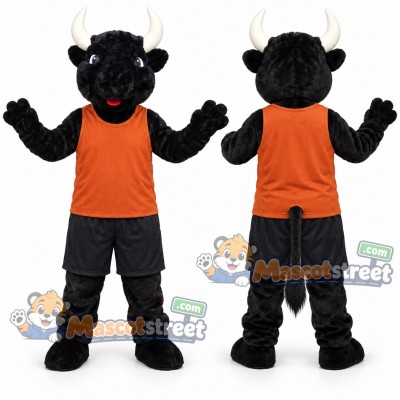 Black Bull Mascot Costume with Orange Shirt and Black Shorts