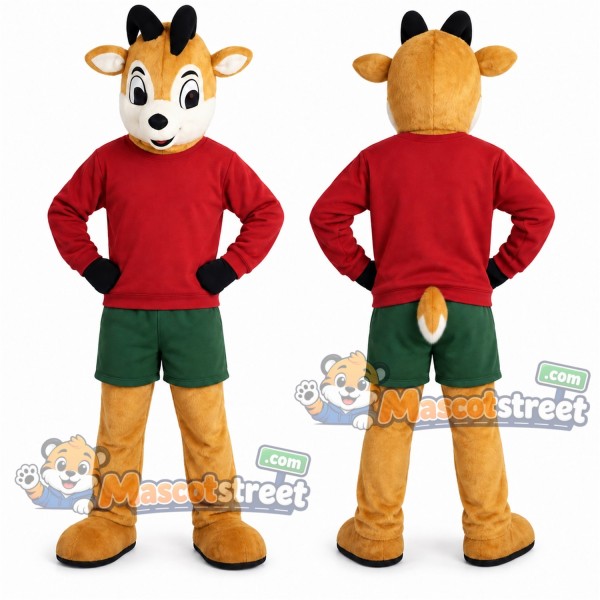 Tan Deer Mascot Costume with Red Shirt and Green Shorts
