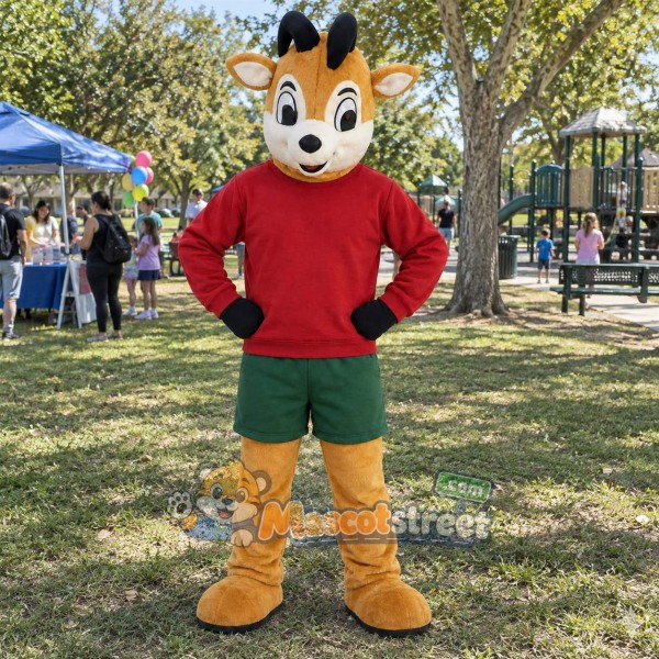 Tan Deer Mascot Costume with Red Shirt and Green Shorts