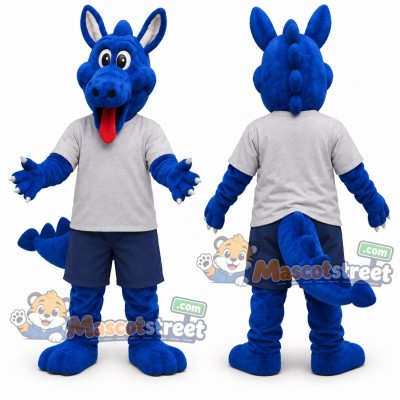 Blue Dragon Mascot Costume with Gray Shirt and Navy Shorts Blue Dragon Mascot Costume with Gray Shirt and Navy Shorts