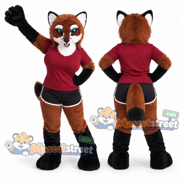 Red Panda Mascot Costume with Burgundy Shirt and Black Shorts