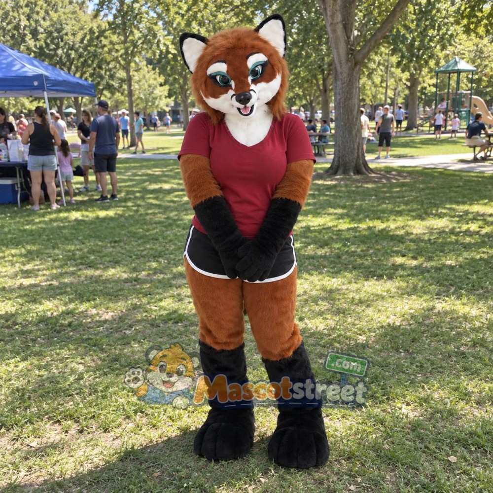 Red Panda Mascot Costume with Burgundy Shirt and Black Shorts Red Panda Mascot Costume with Burgundy Shirt and Black Shorts