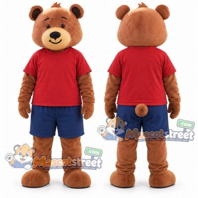 Brown Bear Mascot Costume with Red Shirt and Blue Shorts