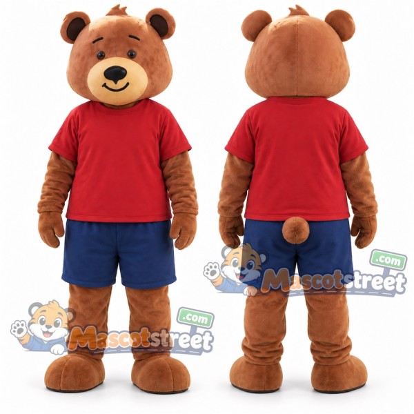 Brown Bear Mascot Costume with Red Shirt and Blue Shorts