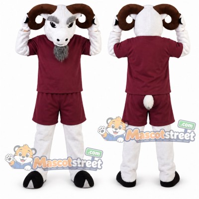 White Ram Mascot Costume with Burgundy Shirt and Shorts
