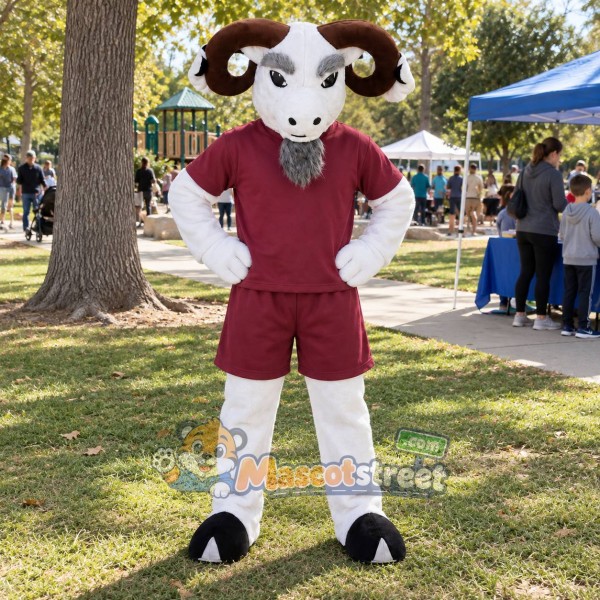 White Ram Mascot Costume with Burgundy Shirt and Shorts