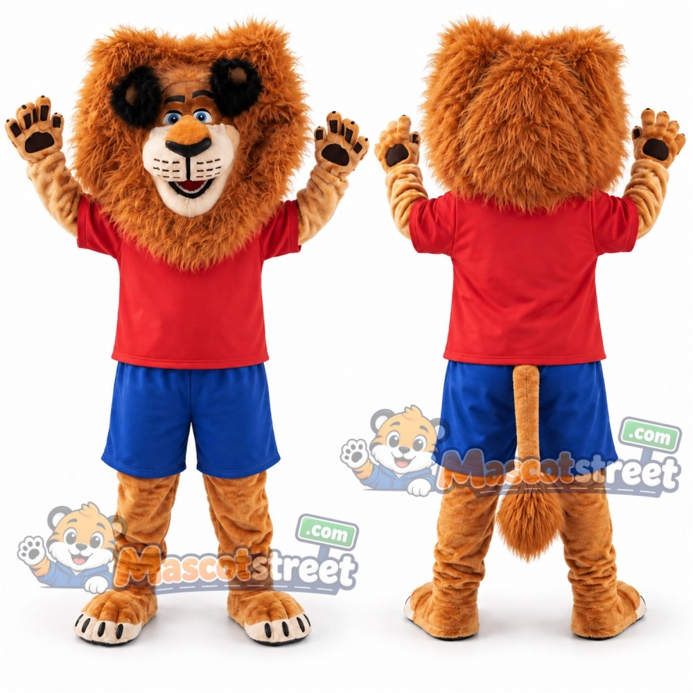 Brown Lion Mascot Costume with Red Shirt and Blue Shorts