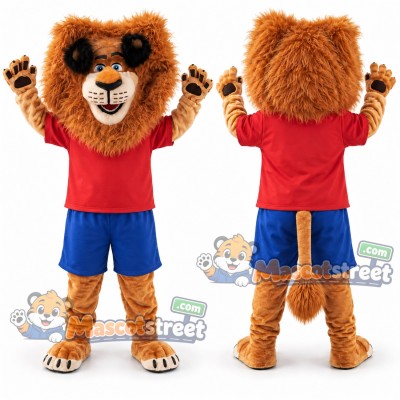 Brown Lion Mascot Costume with Red Shirt and Blue Shorts