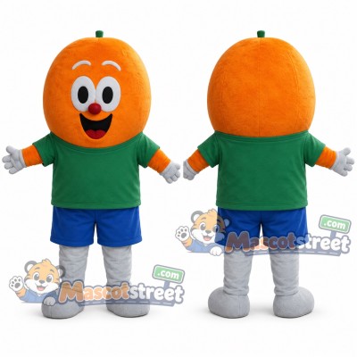 Orange Fruit Mascot Costume with Green Shirt and Blue Shorts Orange Fruit Mascot Costume with Green Shirt and Blue Shorts