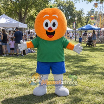 Orange Fruit Mascot Costume with Green Shirt and Blue Shorts Orange Fruit Mascot Costume with Green Shirt and Blue Shorts
