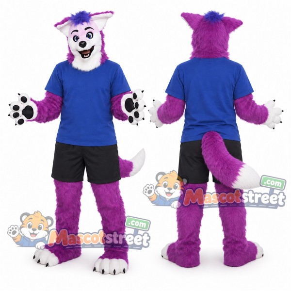 Purple and White Fox Mascot Costume with Blue Shirt and Black Shorts