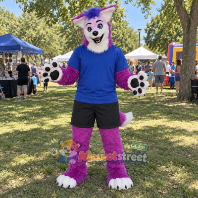Purple and White Fox Mascot Costume with Blue Shirt and Black Shorts Purple and White Fox Mascot Costume with Blue Shirt and Black Shorts