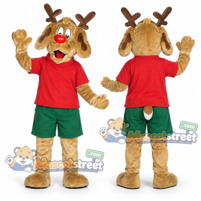 Brown Reindeer Mascot Costume with Red Shirt and Green Shorts