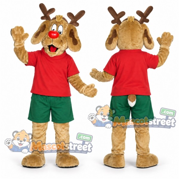 Brown Reindeer Mascot Costume with Red Shirt and Green Shorts