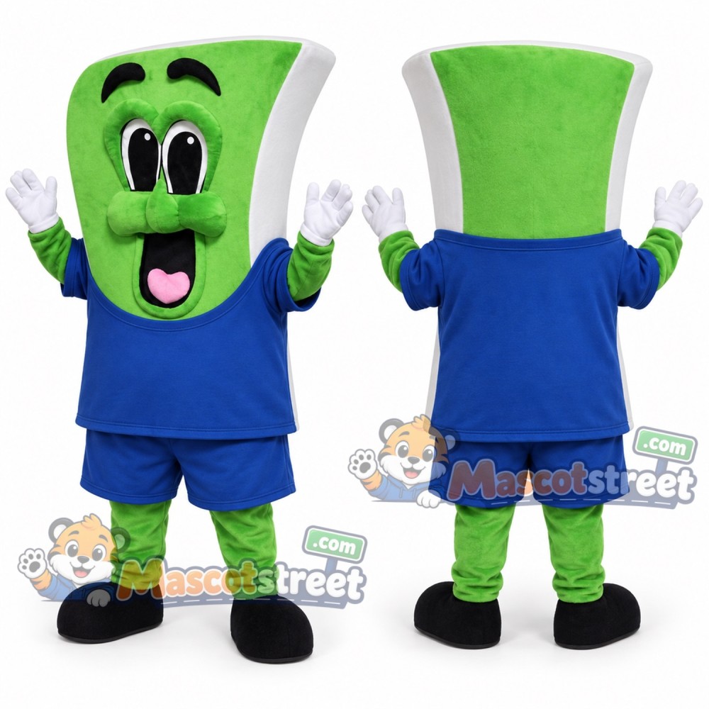 Green Dollar Bill Mascot Costume with Blue Shirt and Shorts Green Dollar Bill Mascot Costume with Blue Shirt and Shorts