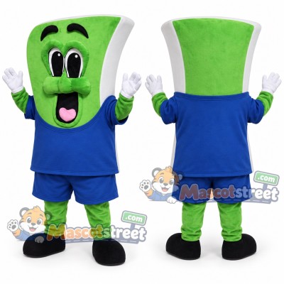 Green Dollar Bill Mascot Costume with Blue Shirt and Shorts Green Dollar Bill Mascot Costume with Blue Shirt and Shorts