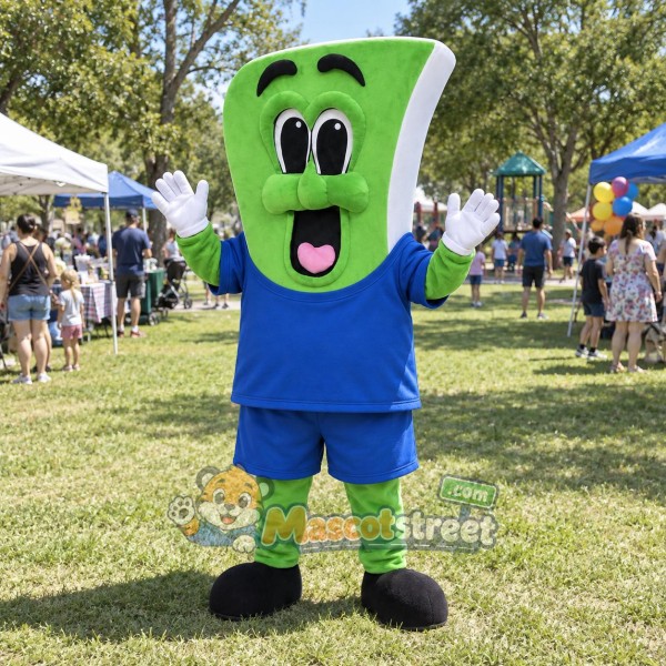 Green Dollar Bill Mascot Costume with Blue Shirt and Shorts Green Dollar Bill Mascot Costume with Blue Shirt and Shorts