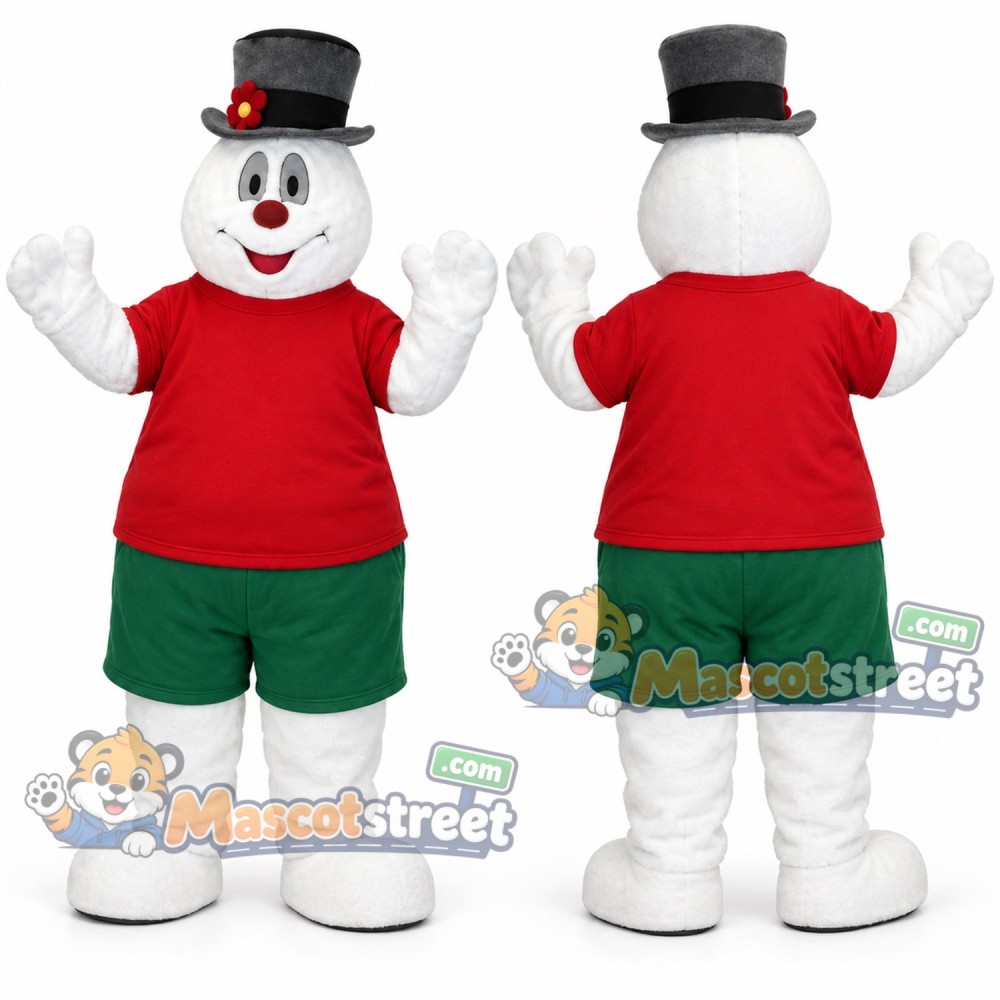 Snowman Mascot Costume with Red Shirt, Green Shorts and Black Top Hat Snowman Mascot Costume with Red Shirt, Green Shorts and Black Top Hat