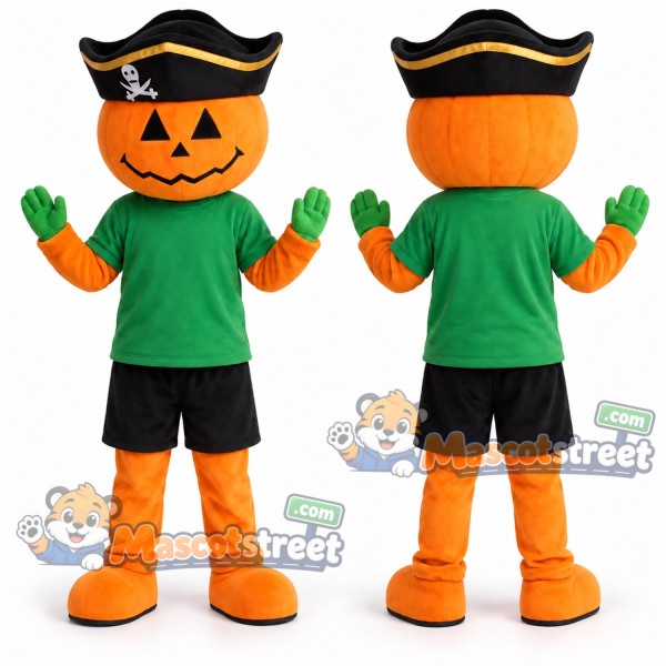 Pumpkin Pirate Mascot Costume with Green Shirt, Black Shorts and Black Tricorn Hat