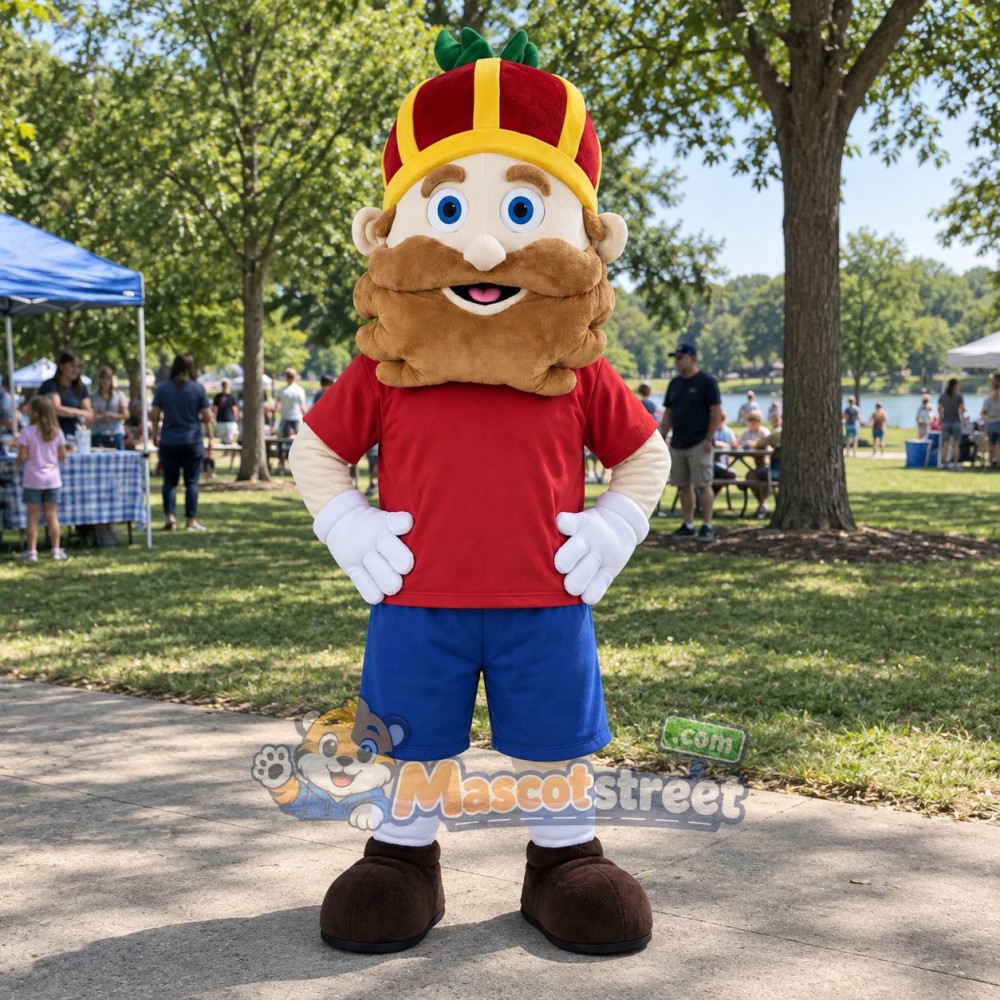 King Mascot Costume with Red Shirt, Blue Shorts and Crown King Mascot Costume with Red Shirt, Blue Shorts and Crown