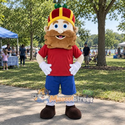 King Mascot Costume with Red Shirt, Blue Shorts and Crown King Mascot Costume with Red Shirt, Blue Shorts and Crown