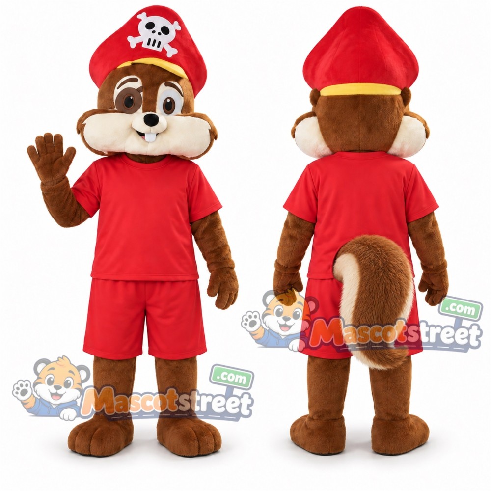 Brown Squirrel Pirate Mascot Costume with Red Shirt, Shorts and Pirate Hat