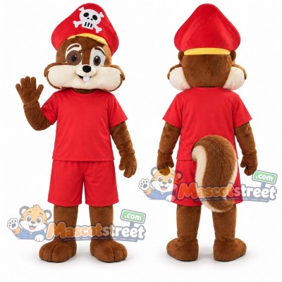 Brown Squirrel Pirate Mascot Costume with Red Shirt, Shorts and Pirate Hat