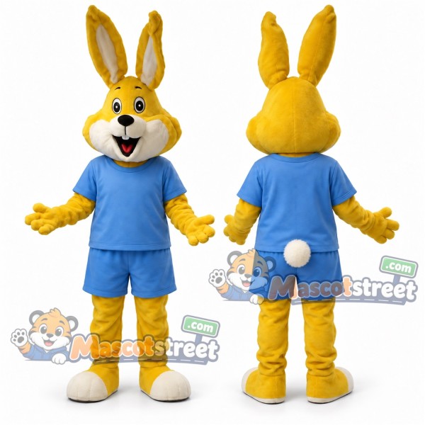 Yellow Rabbit Mascot Costume with Blue Shirt and Shorts