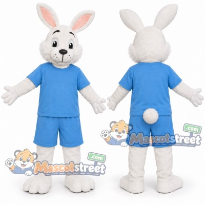 White Rabbit Mascot Costume with Blue Shirt and Shorts White Rabbit Mascot Costume with Blue Shirt and Shorts
