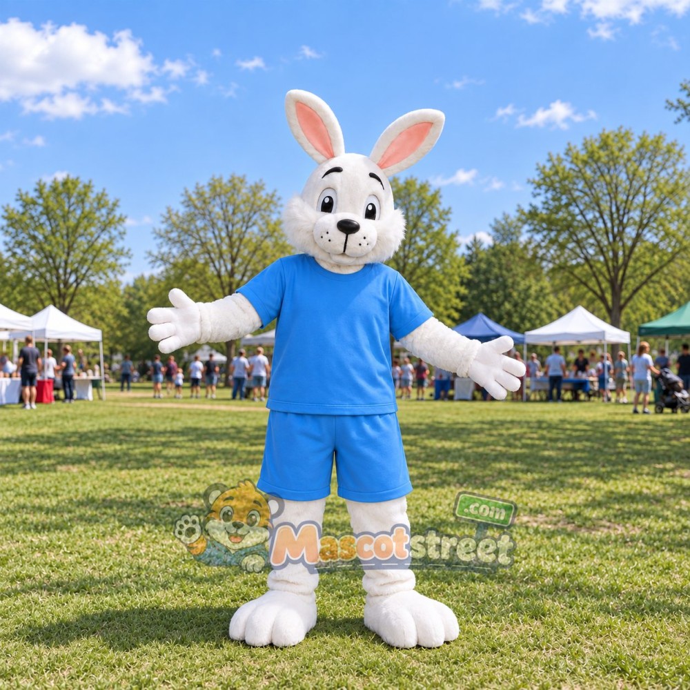 White Rabbit Mascot Costume with Blue Shirt and Shorts