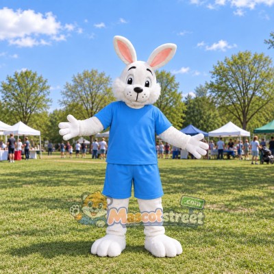 White Rabbit Mascot Costume with Blue Shirt and Shorts