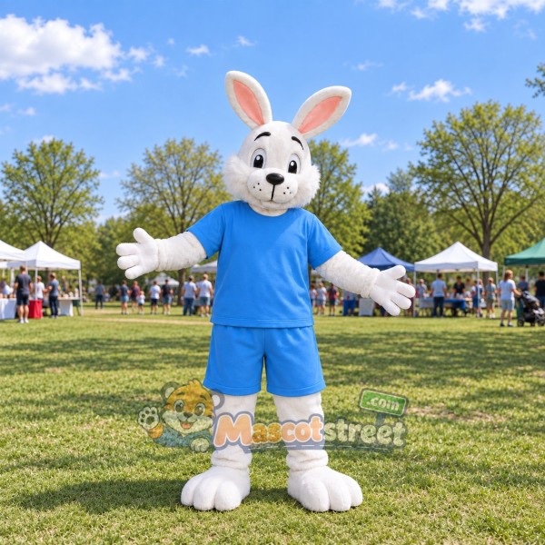 White Rabbit Mascot Costume with Blue Shirt and Shorts