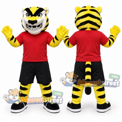 Yellow Tiger Mascot Costume with Red Shirt and Black Shorts Yellow Tiger Mascot Costume with Red Shirt and Black Shorts